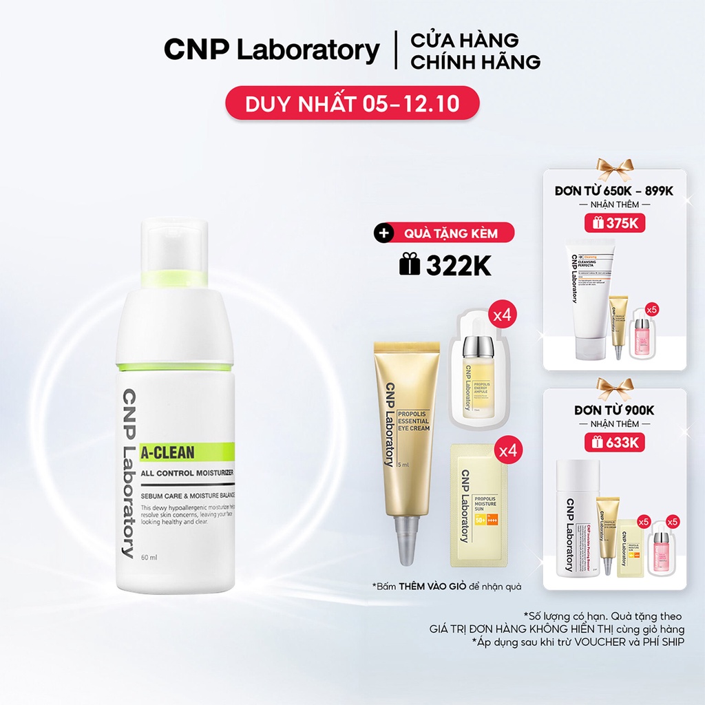 [Mã COSCNBE6 giảm 10% đơn 500K] Kem dưỡng ẩm kiểm soát nhờn và giảm mụn da dầu CNP Laboratory A-Clean Moisturizer 120ml