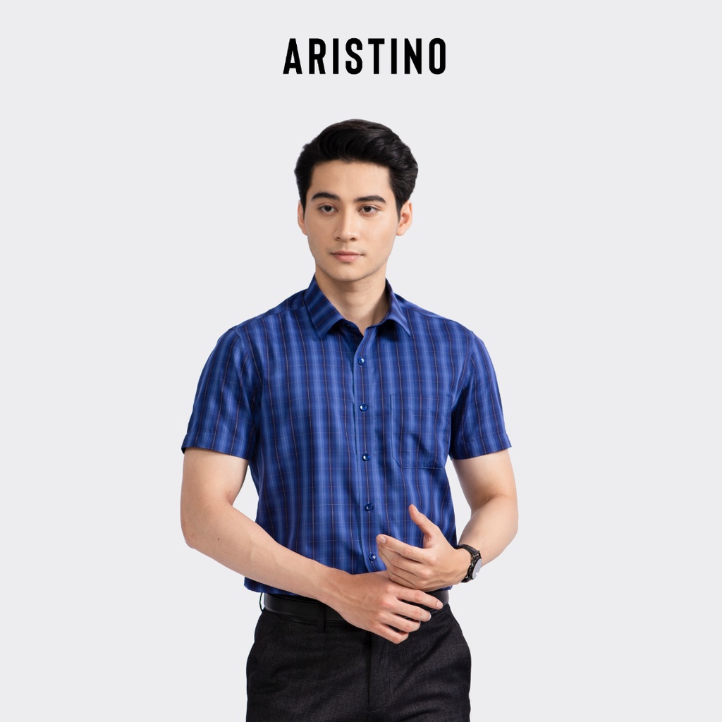 Áo sơ mi ngắn tay nam Aristino phom perfect fit, thiết kế tà bằng, màu xanh nổi bật - ASS315S2