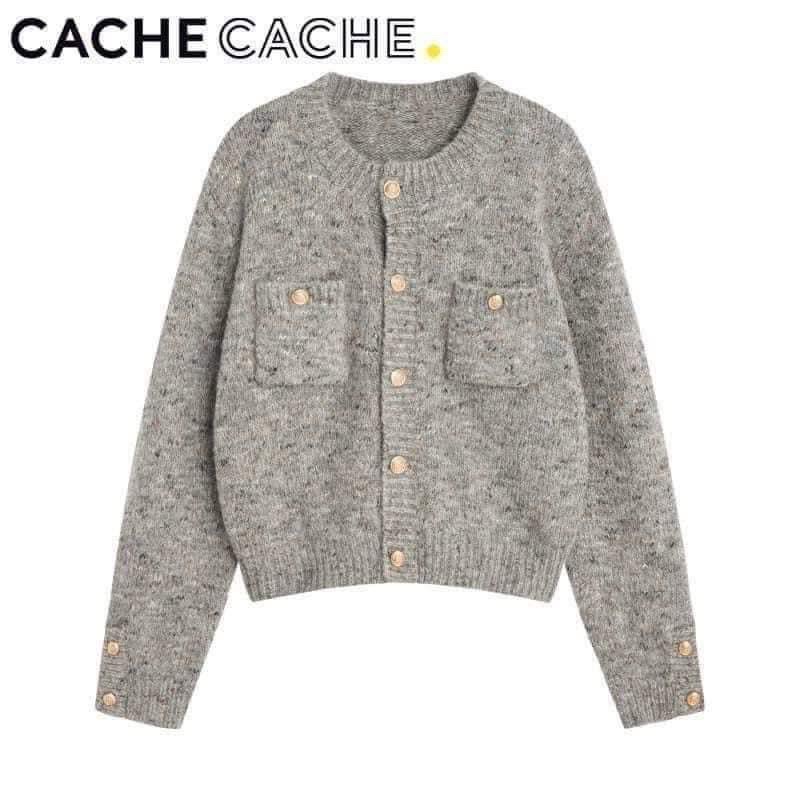 Áo cadigan len xám cúc đồng tiểu thư hàng QC L1