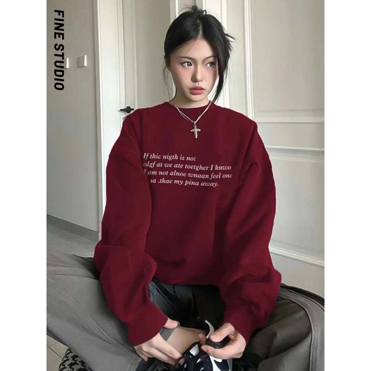 Fine studio Áo sweatshirt Dáng Rộng Tay Dài Vừa Màu Đỏ Tía Phong Cách retro Thu Đông Dành Cho Nữ