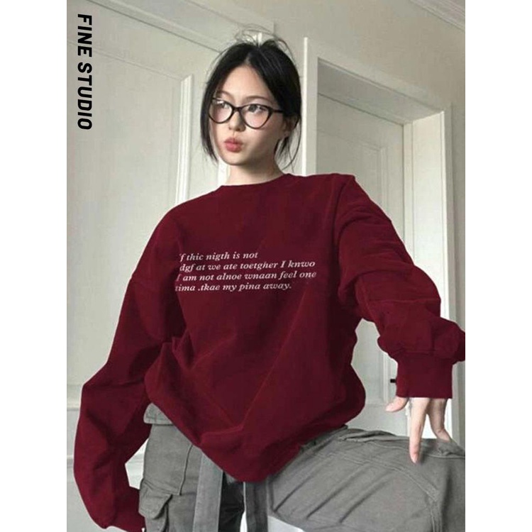 Fine studio Áo sweatshirt Dáng Rộng Tay Dài Vừa Màu Đỏ Tía Phong Cách retro Thu Đông Dành Cho Nữ