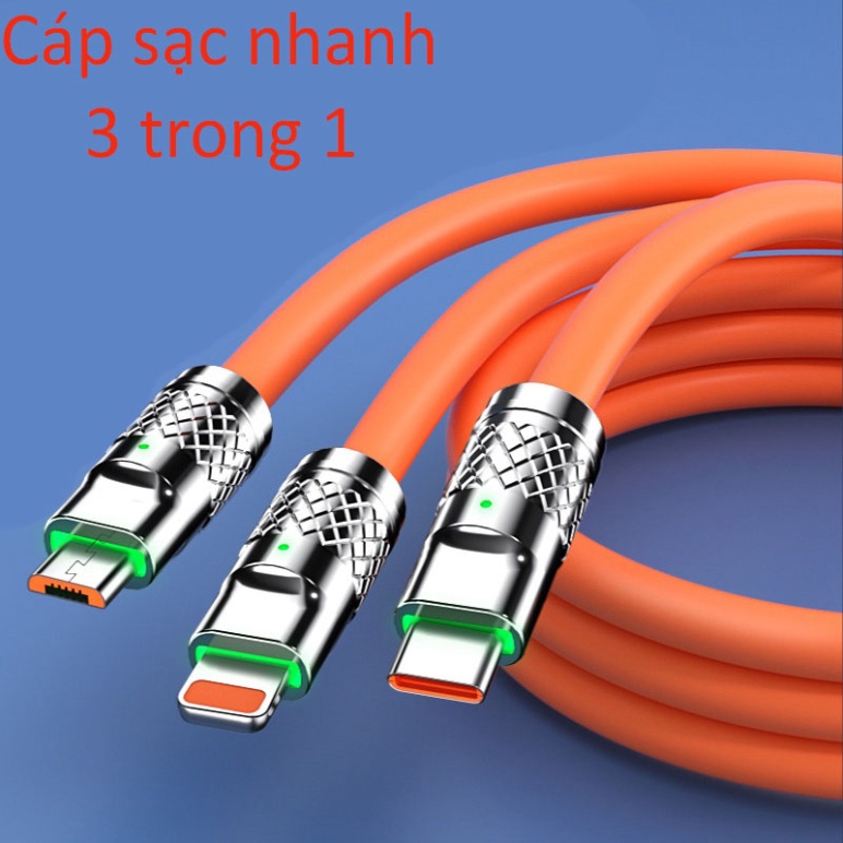 Cáp sạc nhanh 3 trong 1 120W 6A đầy đủ cổng tiện ích,dây cáp sạc nanh bằng silicone đầu hợp kim kẽm cực bền và chất tốt