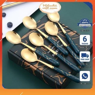 Thìa cán sứ mạ vàng set 6 chiếc cao cấp, Sét 6 thìa xanh