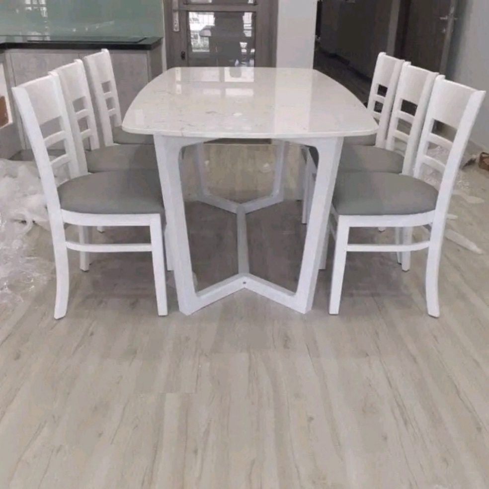 Bàn ăn cơm 6 ghế cabin gỗ, bàn đá nhân tạo vân mây loại 1 hiện đại, vương quyền - thiết kế bên trong NGỌC MAI