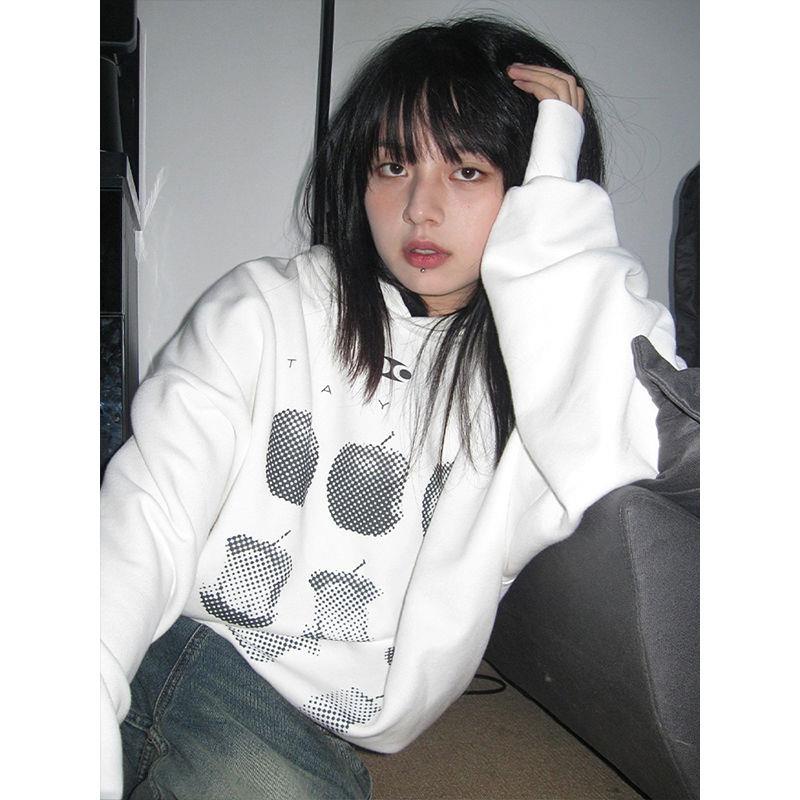 Áo Hoodie cotton Trơn Tay Dài Dáng Rộng In Hình Quả Táo Phong Cách Mỹ Cổ Điển Dành Cho Nữ