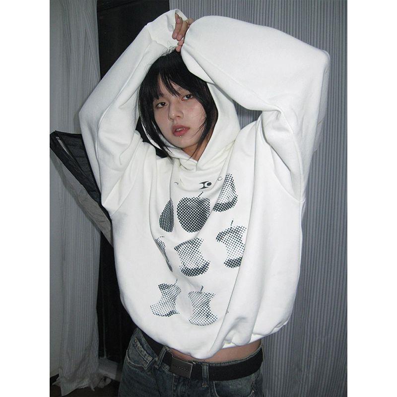 Áo Hoodie cotton Trơn Tay Dài Dáng Rộng In Hình Quả Táo Phong Cách Mỹ Cổ Điển Dành Cho Nữ