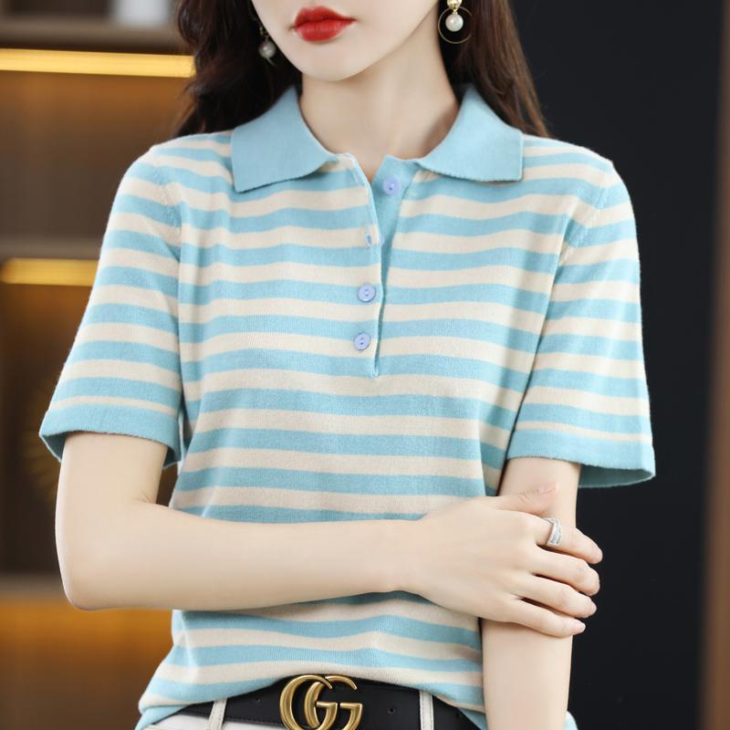 ❤Áo Thun polo Dệt Kim Tay Ngắn Dáng Rộng Họa Tiết Kẻ Sọc Thời Trang Cho Nữ★10.4
