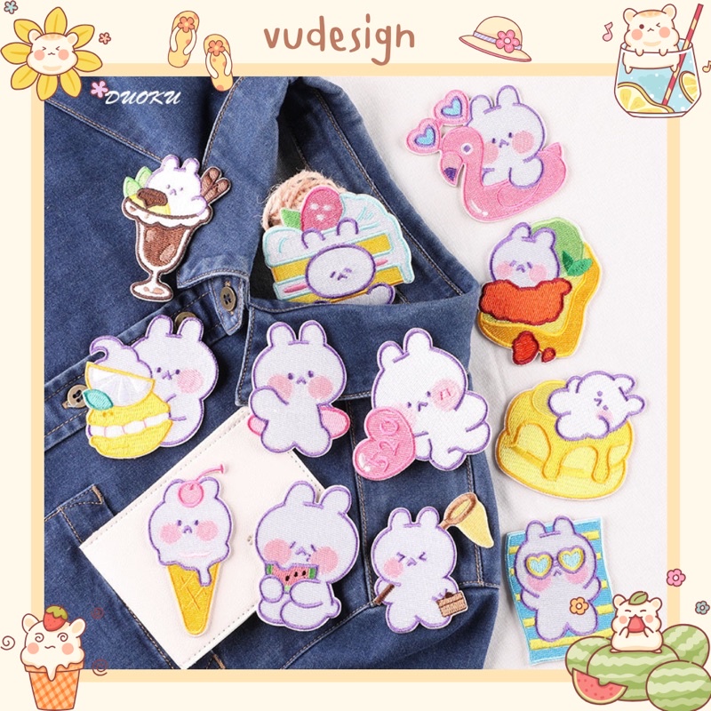 Sticker Dán Vải, Sticker Ủi Thêu Quần Áo, Balo, Túi, Mũ Thỏ Trắng Đi Biển Bánh Kem Dễ Thương Vudesign