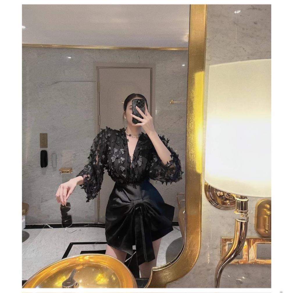 Set áo hồ điệp + chân váy tafta nơ eo 2 màu đen trắng