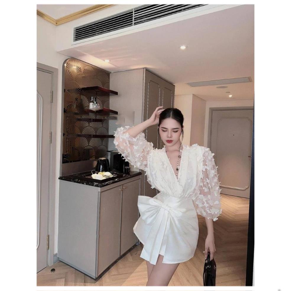 Set áo hồ điệp + chân váy tafta nơ eo 2 màu đen trắng