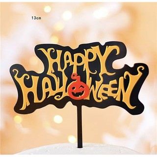 Topper mica Happy Halloween chữ in rùng rợn + quả bí ngô ở giữa