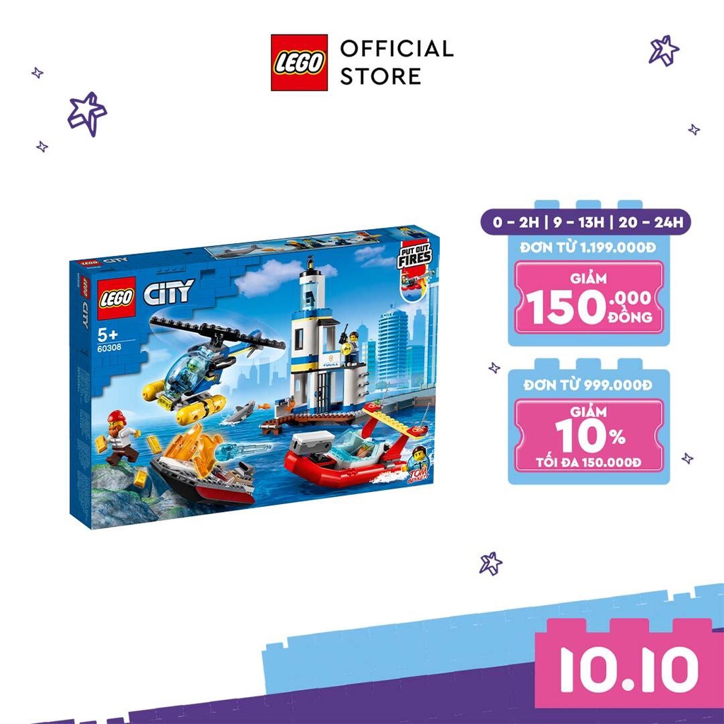 LEGO City 60308 Trạm cảnh sát tuần tra và cứu hỏa biển (297 chi tiết) Bộ gạch đồ chơi lắp ráp xe