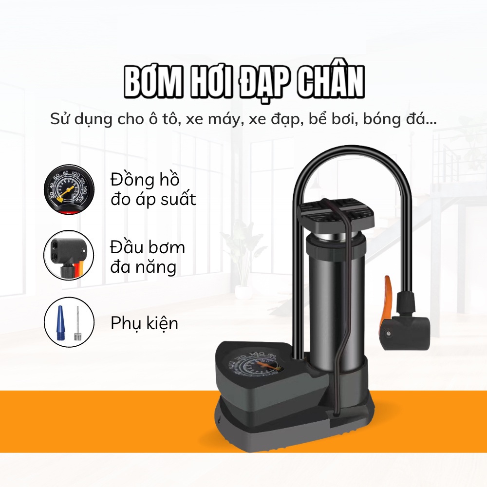Bơm đạp chân mini đa năng đút cốp xe, cố đồng hồ đo áp suất, bơm chuyên dụng, ô tô, xe máy, xe đạp, bóng bay