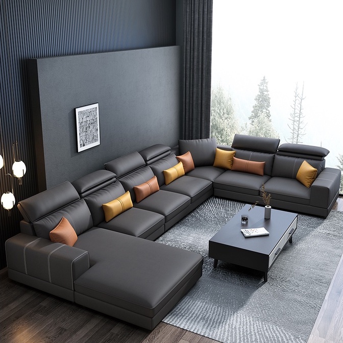 Ghế sofa phòng khách cao cấp phong cách hiện đại, ghế da đệm bọt biển, khung gỗ sồi, chân sắt sơn tĩnh điện