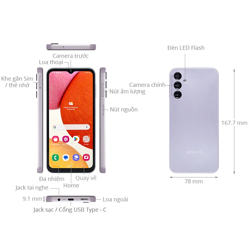 Điện thoại Samsung Galaxy A14 - Hàng chính hãng, Mới 100%, Bảo hành 12 tháng chính hãng Lỗi 1 Đổi 1