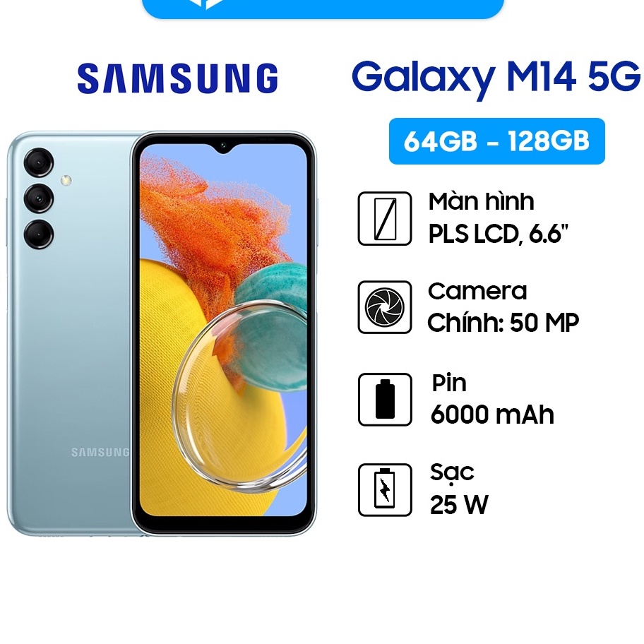 Điện thoại Samsung Galaxy M14 5G - Hàng chính hãng, Mới 100%, Bảo hành 12 tháng Lỗi 1 Đổi 1