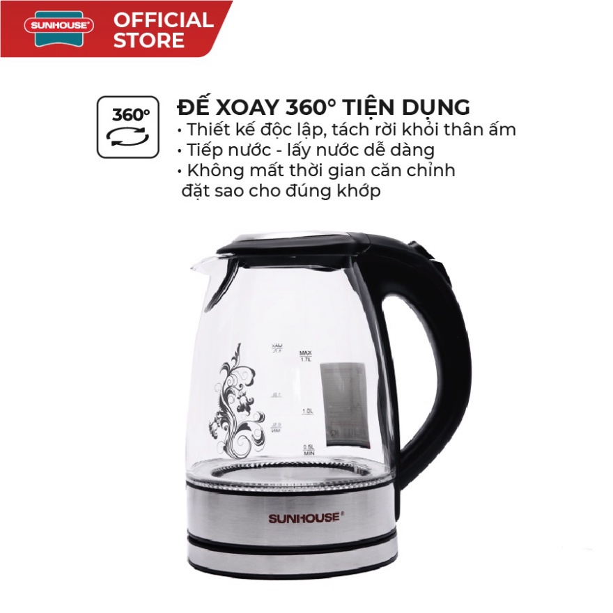 Ấm Siêu Tốc Thủy Tinh SUNHOUSE SHD1217 Dung Tích 1.7L Bình Đun Nước Sôi Tự Ngắt Mới 100%