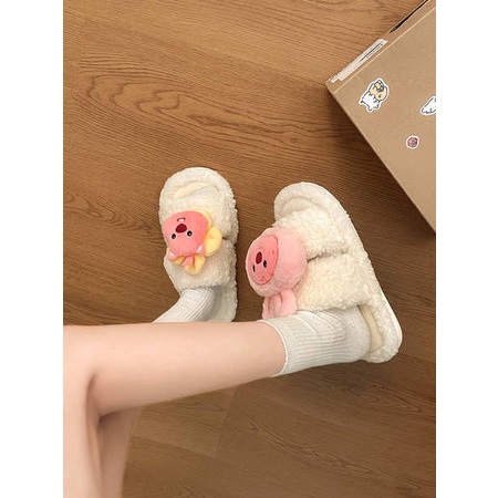 Dễ Thương Dép cotton Đi Trong Nhà Đế Dày Phối Lông Nhung Thời Trang Thu Đông Dành Cho Nữ