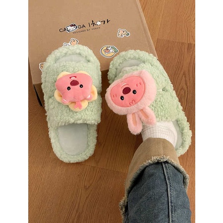 Dễ Thương Dép cotton Đi Trong Nhà Đế Dày Phối Lông Nhung Thời Trang Thu Đông Dành Cho Nữ