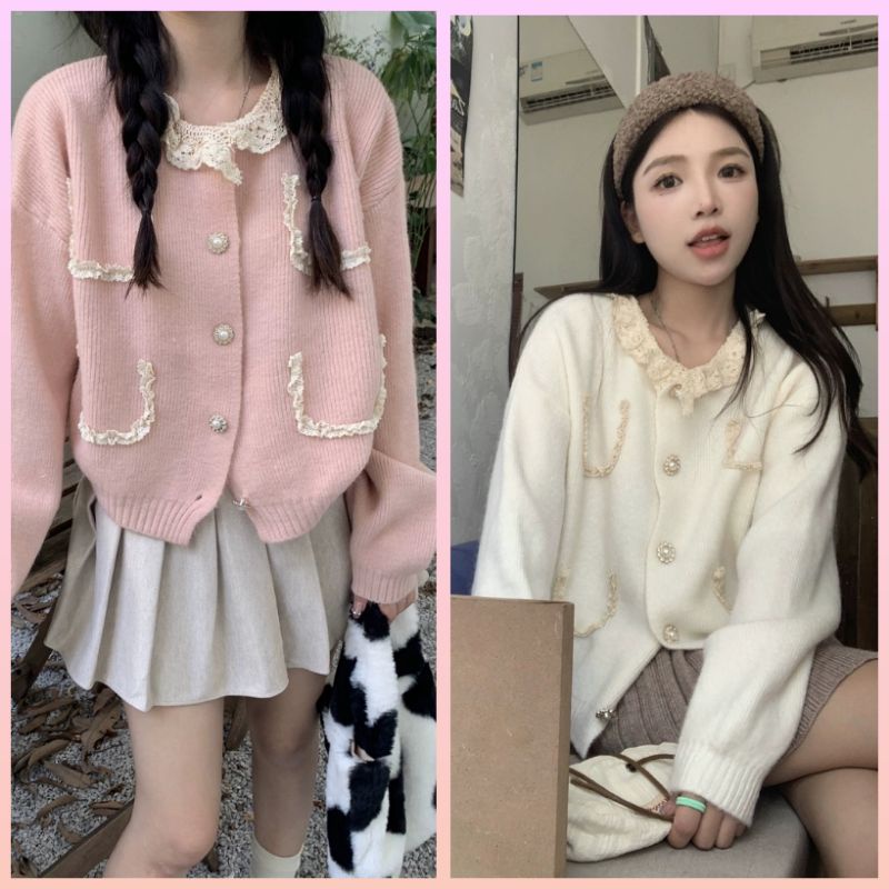 (ORDER) Áo khoác Len Dệt Kim Phối Ren Cute Sang Chảnh Phong Cách Retro Mẫu Mới 2023