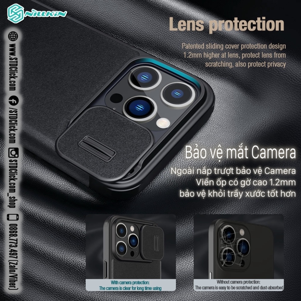 BAO DA IPHONE 15 PRO MAX - 15 PRO NILLKIN QIN PRO plain leather + cloth BẢO VỆ CAMERA CHÍNH HÃNG - hàng chuẩn