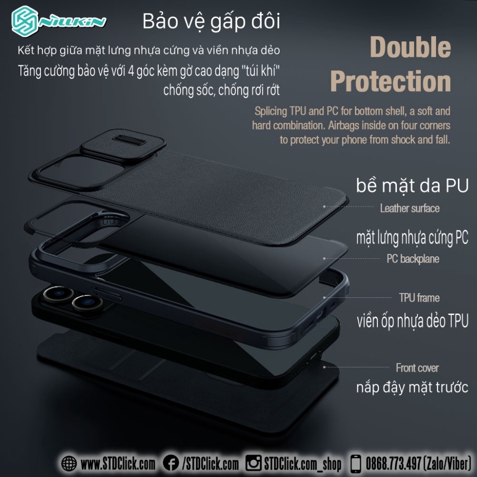 BAO DA IPHONE 15 PRO MAX - 15 PRO NILLKIN QIN PRO plain leather + cloth BẢO VỆ CAMERA CHÍNH HÃNG - hàng chuẩn