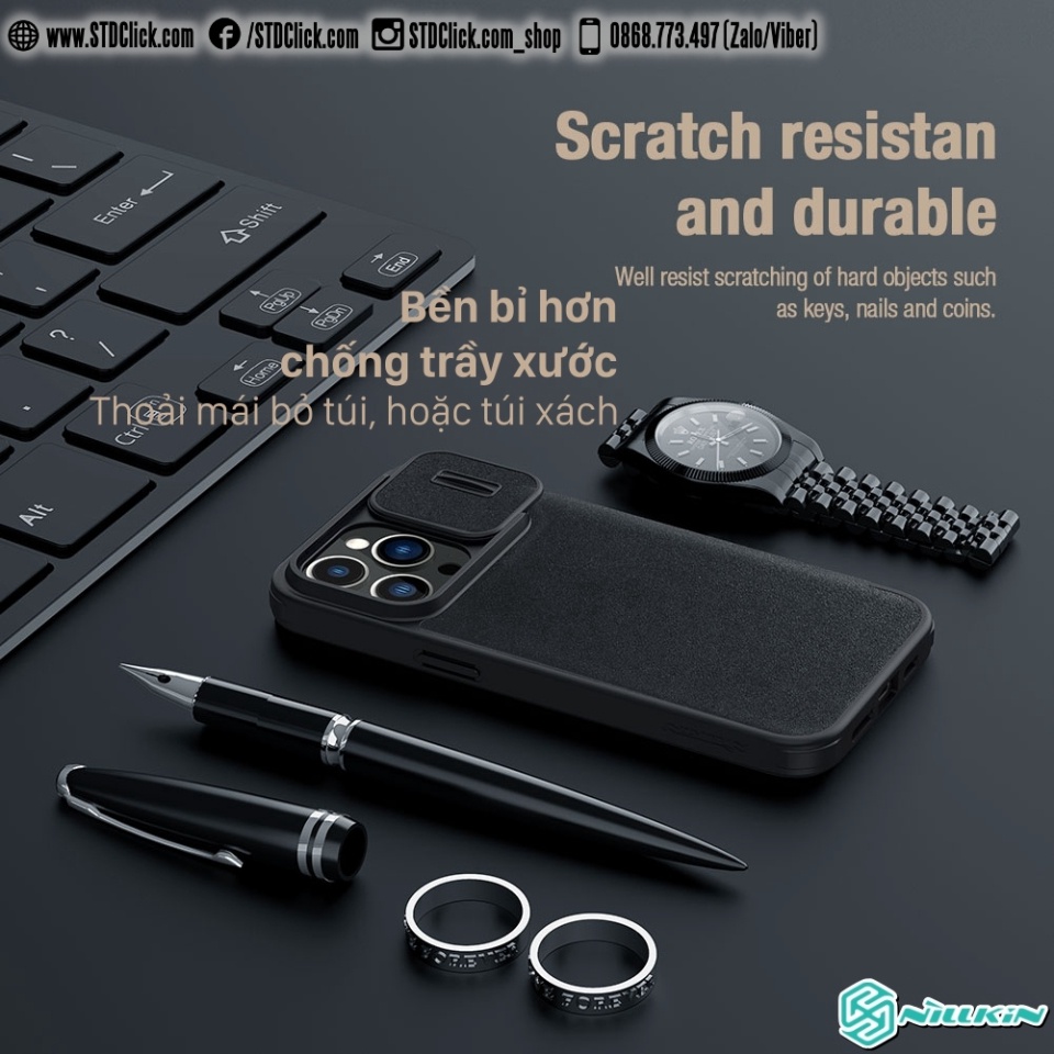 BAO DA IPHONE 15 PRO MAX - 15 PRO NILLKIN QIN PRO plain leather + cloth BẢO VỆ CAMERA CHÍNH HÃNG - hàng chuẩn