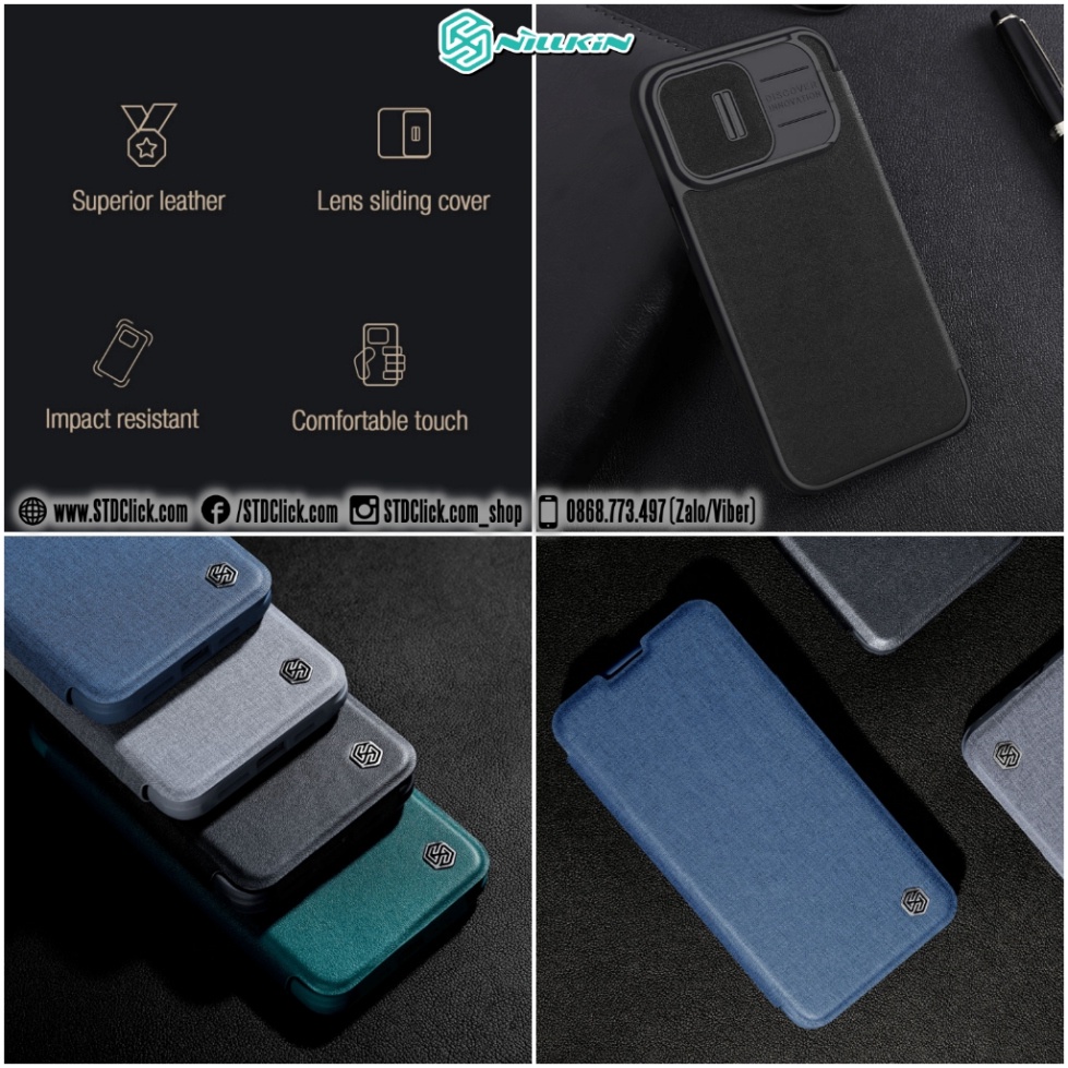 BAO DA IPHONE 15 PRO MAX - 15 PRO NILLKIN QIN PRO plain leather + cloth BẢO VỆ CAMERA CHÍNH HÃNG - hàng chuẩn