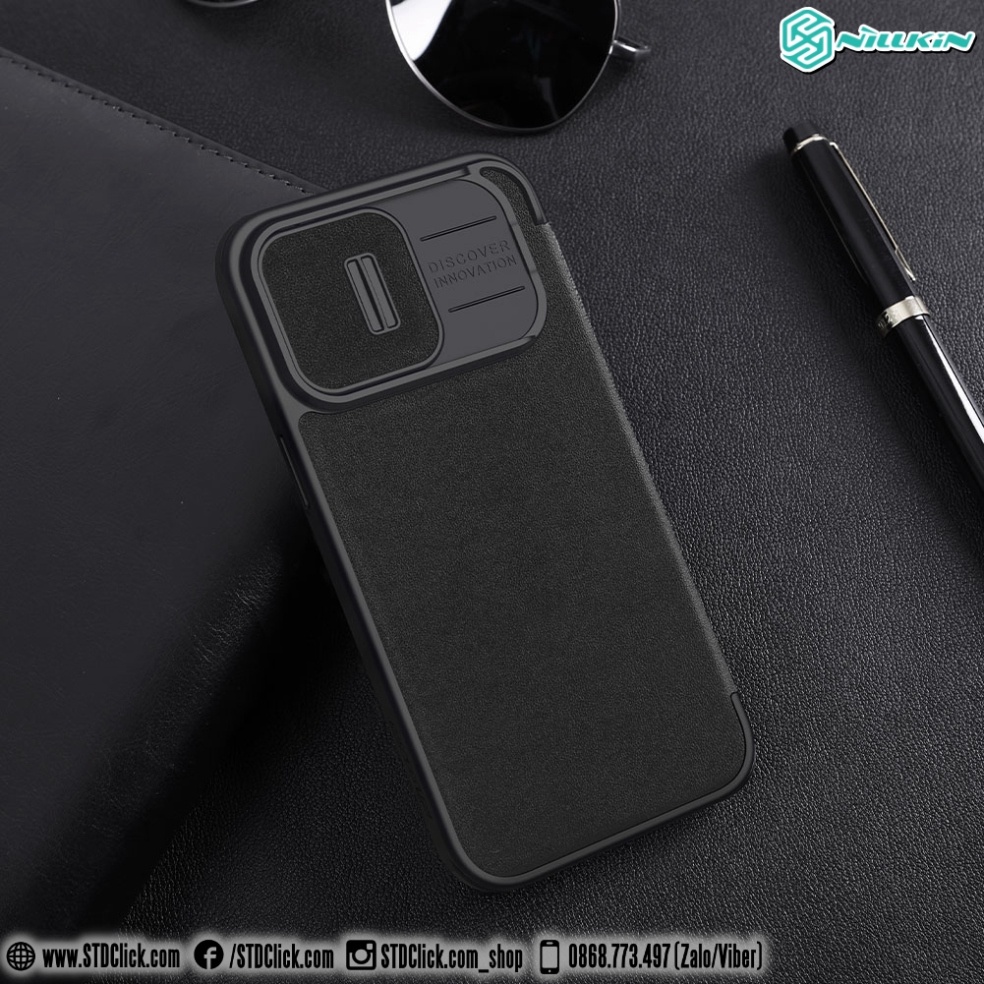 BAO DA IPHONE 15 PRO MAX - 15 PRO NILLKIN QIN PRO plain leather + cloth BẢO VỆ CAMERA CHÍNH HÃNG - hàng chuẩn