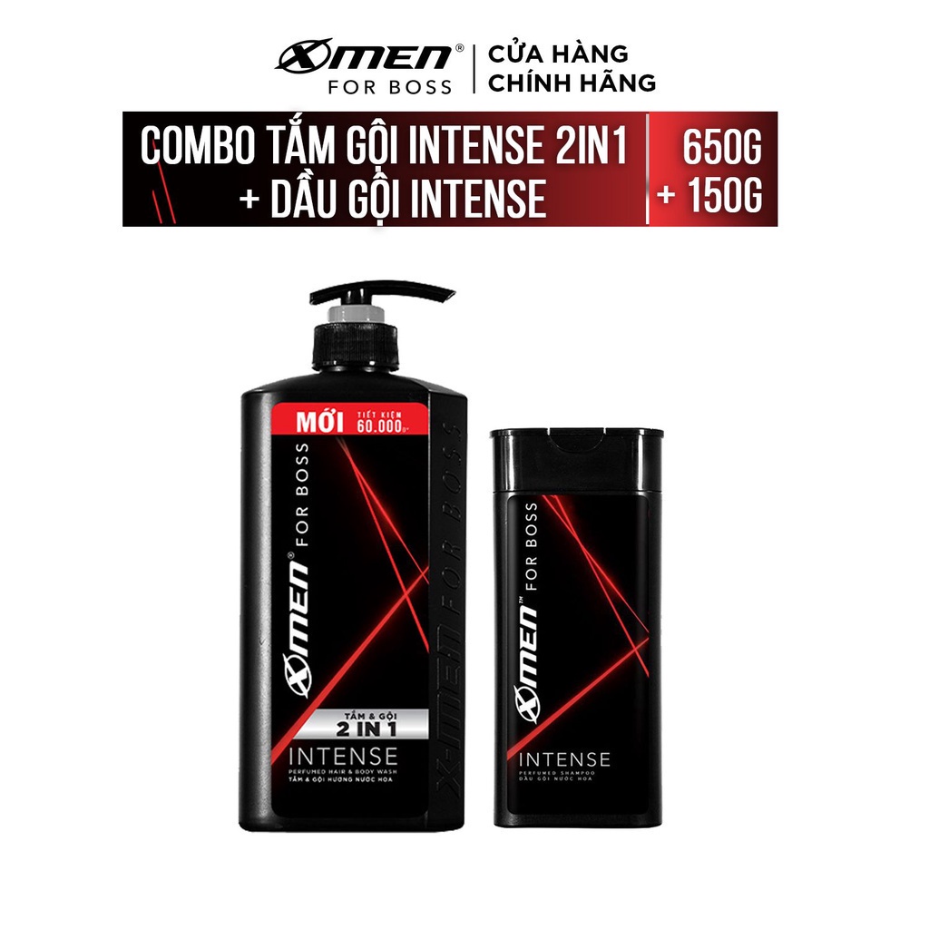 Combo Tắm Gội X-Men for Boss Intense 2IN1 650g và Dầu gội nước hoa Intense 150g