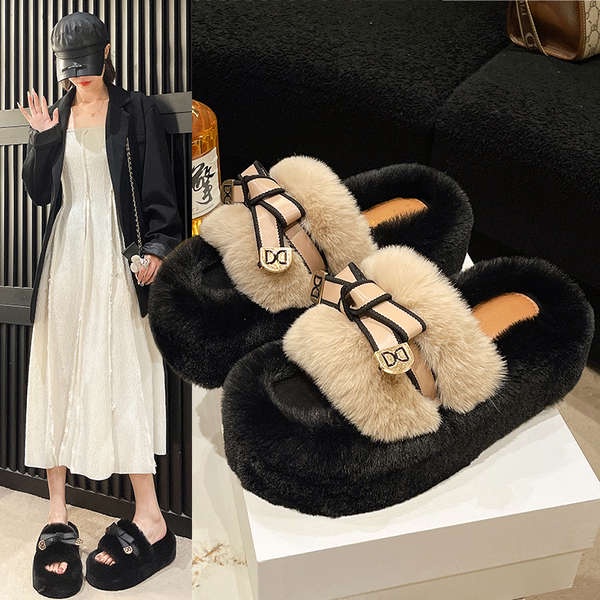 Dép cotton Phối Lông Xù Đính Hình Bướm Đáng Yêu Cho Nữ Mùa Thu Đông