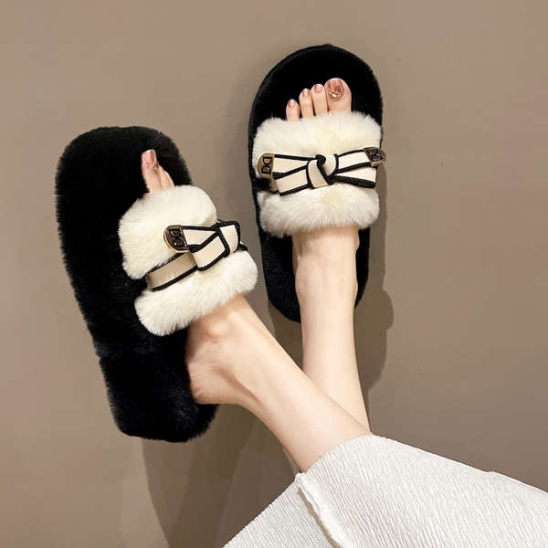 Dép cotton Phối Lông Xù Đính Hình Bướm Đáng Yêu Cho Nữ Mùa Thu Đông