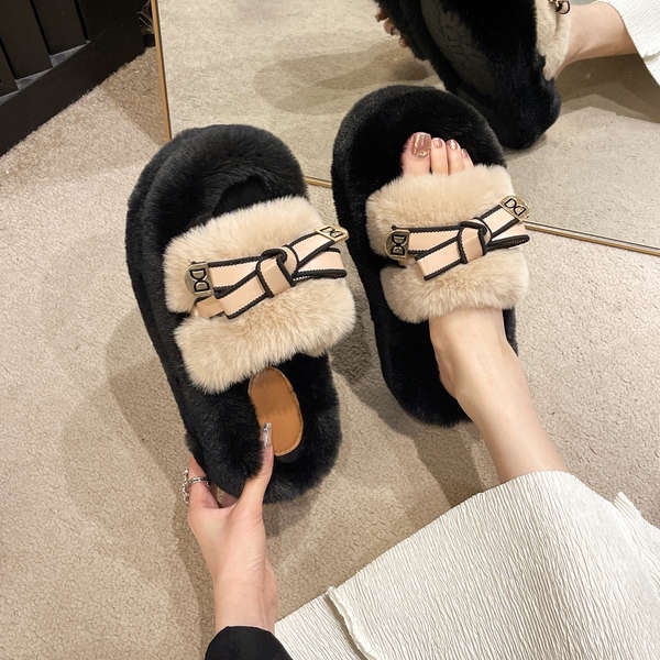 Dép cotton Phối Lông Xù Đính Hình Bướm Đáng Yêu Cho Nữ Mùa Thu Đông