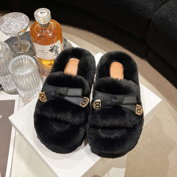 Dép cotton Phối Lông Xù Đính Hình Bướm Đáng Yêu Cho Nữ Mùa Thu Đông