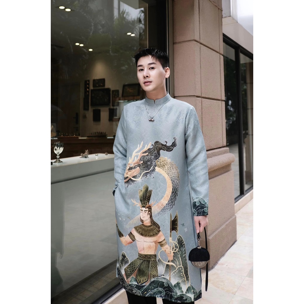 Áo dài in hình Lạc Long Quân - Sùng Lãm Xanh nhạt - Maison LONG