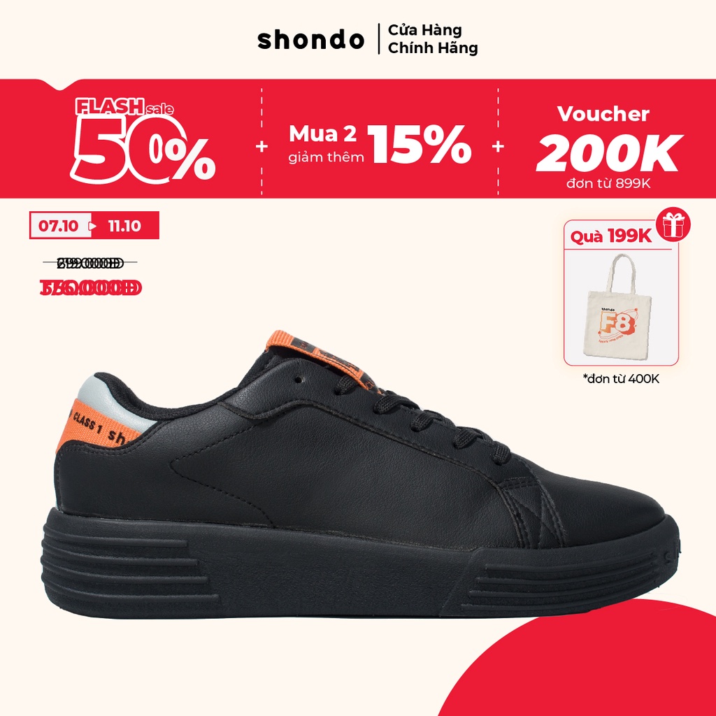 Giày Thể Thao Sneaker Độn Đế Nam Nữ Shondo Class 1 Đen Phối Dây Cam Bền Nhẹ SND1212