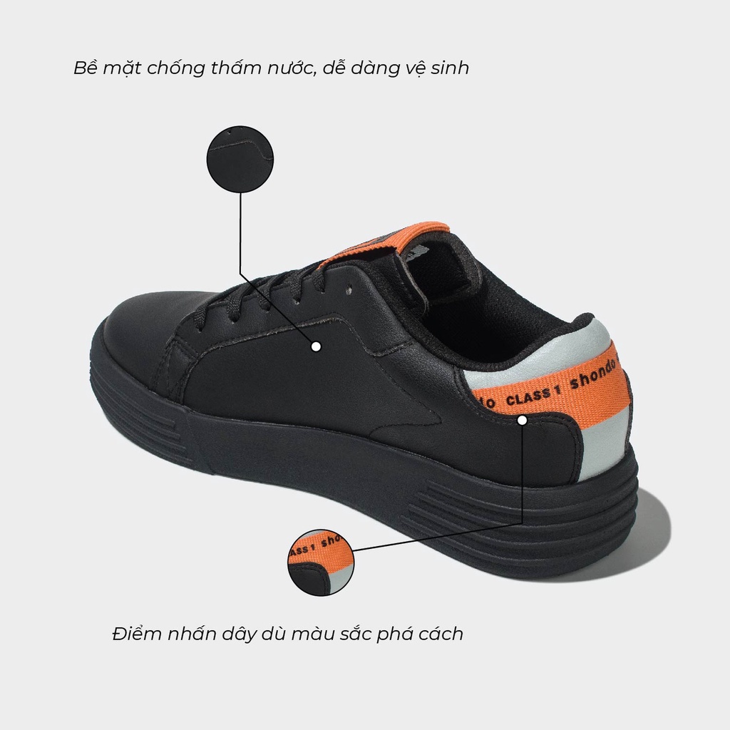 Giày Thể Thao Sneaker Độn Đế Nam Nữ Shondo Class 1 Đen Phối Dây Cam Bền Nhẹ SND1212