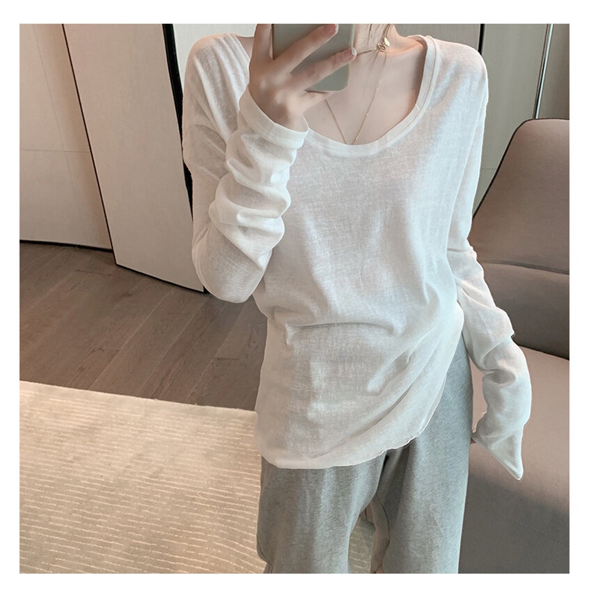 Áo Thun cotton Tay Dài Dáng Rộng Phong Cách Hàn Quốc Cho Nữ