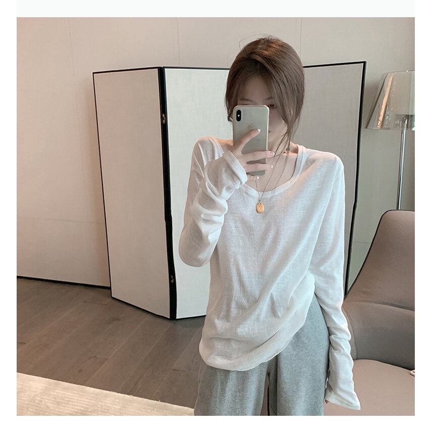Áo Thun cotton Tay Dài Dáng Rộng Phong Cách Hàn Quốc Cho Nữ