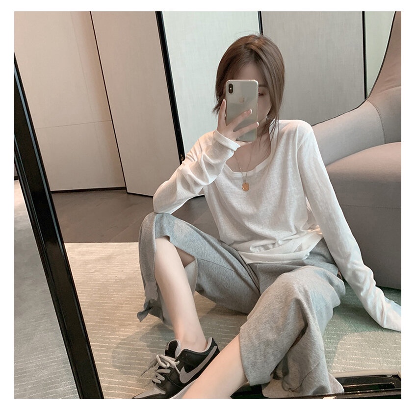 Áo Thun cotton Tay Dài Dáng Rộng Phong Cách Hàn Quốc Cho Nữ
