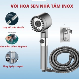 Vòi Hoa Sen, Vòi Nhà Tắm Tăng Áp Lực Nước Chất Liệu Mạ Inox Chống Gỉ Tay Cầm Đen Nhám 4 Chế Độ Xả Nước Dây 1,5m
