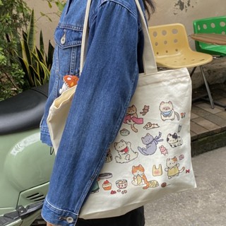   Có sẵn Túi tote vải canvas Kitties hoạ tiết thú cưng mèo dễ thương đơn giản đi học đi chơi có khoá kéo cho nữ phong cá 