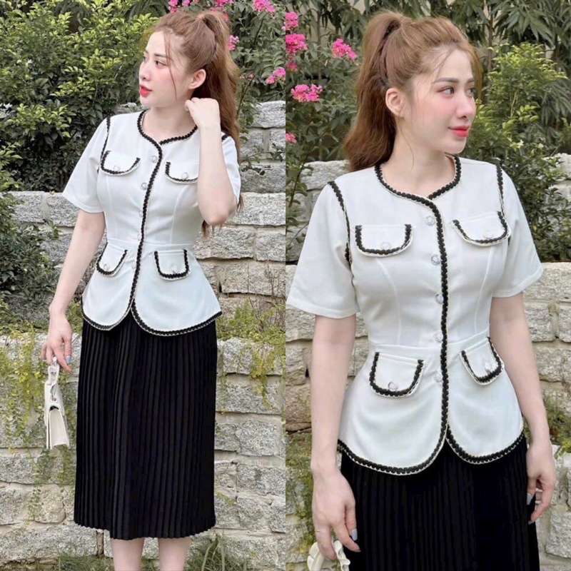 Set công sở áo phối viền chân váy xếp li _ Đầm thiết kế nhiều form size M.L.XL.2XL