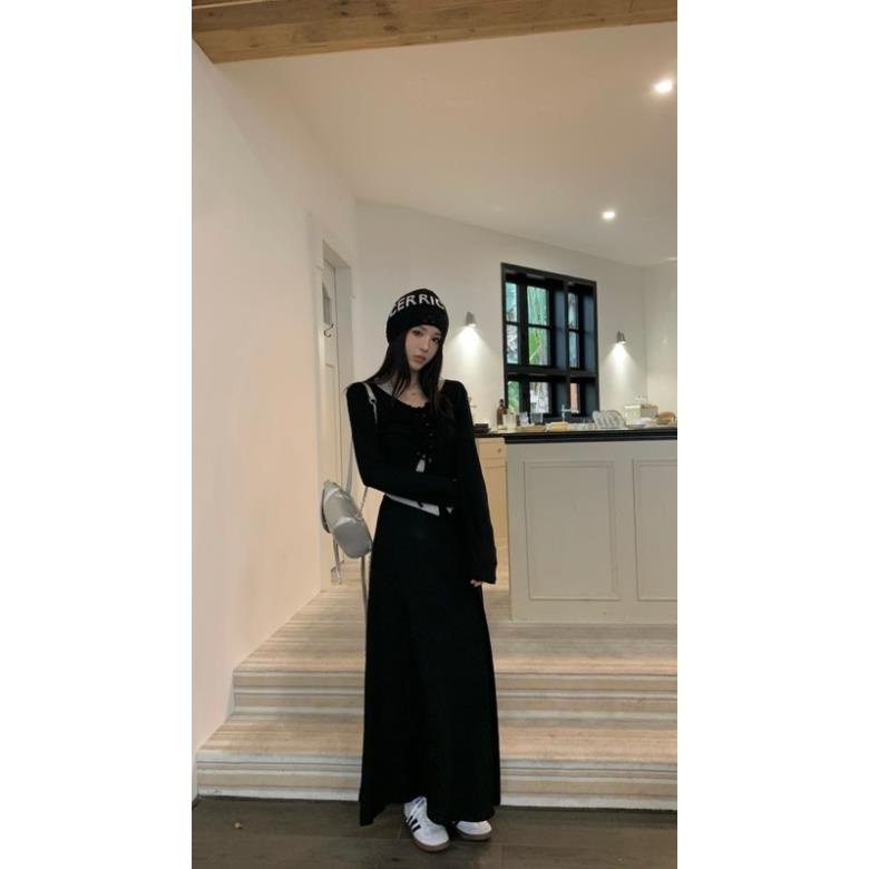 Set 3 món áo xám dây cổ phối áo khoác đan dây trước kèm chân váy maxi đen