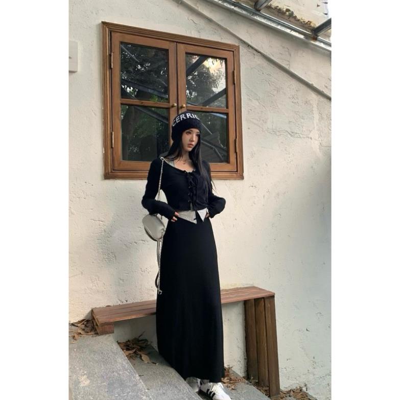 Set 3 món áo xám dây cổ phối áo khoác đan dây trước kèm chân váy maxi đen