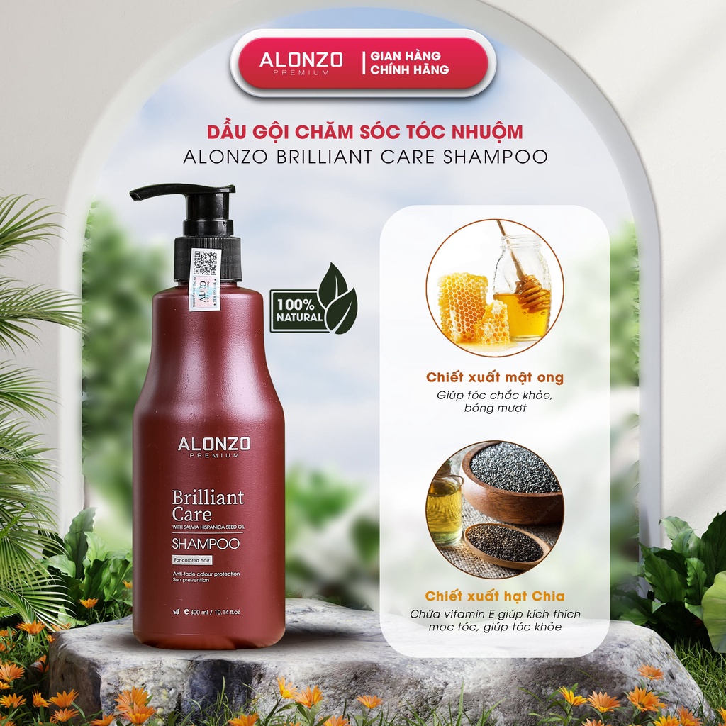 Dầu gội cho tóc nhuộm, phục hồi hư tổn, tóc khô xơ, chiết xuất Oliu, mật ong ALONZO Premium Brilliant Care -300ml