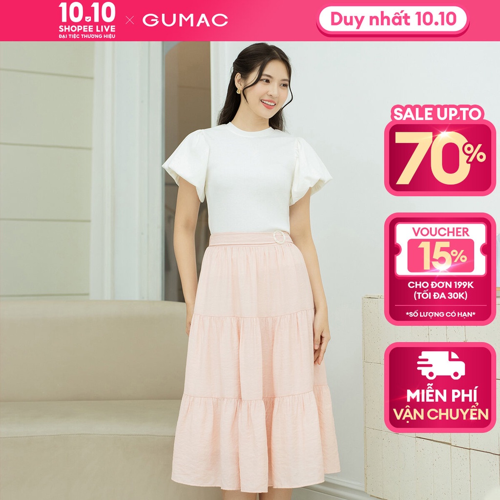 Chân váy công sở GUMAC VD08004 dáng A xòe rã tầng, phối khoen tròn có vân