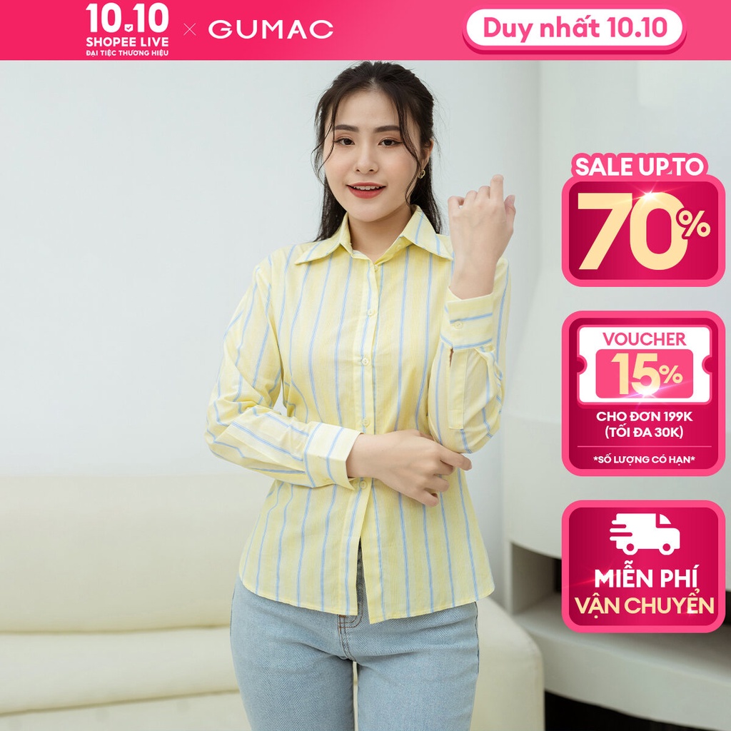 Áo sơ mi nữ GUMAC AD08022 phom suông vải kate sọc tay dài vạt bầu xẻ màu sắc tôn da