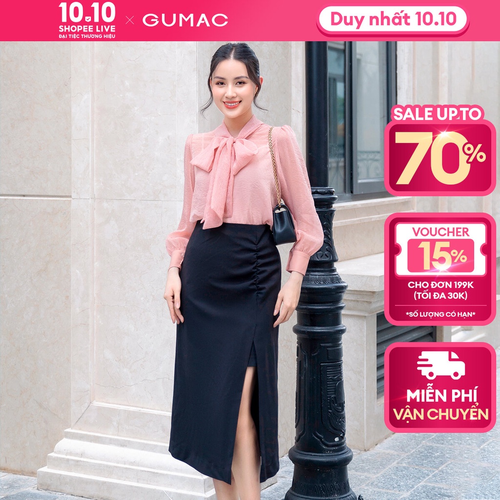 Chân váy công sở dáng suông GUMAC VD09035 xẻ tà kèm nhún tạo kiểu