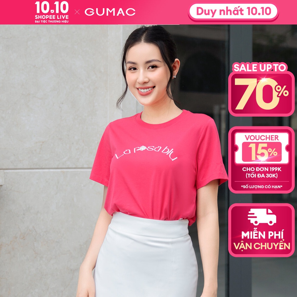 Áo thun nữ cổ tròn GUMAC ATD09033 tay ngắn có in phồng chữ thanh lịch, tinh tế